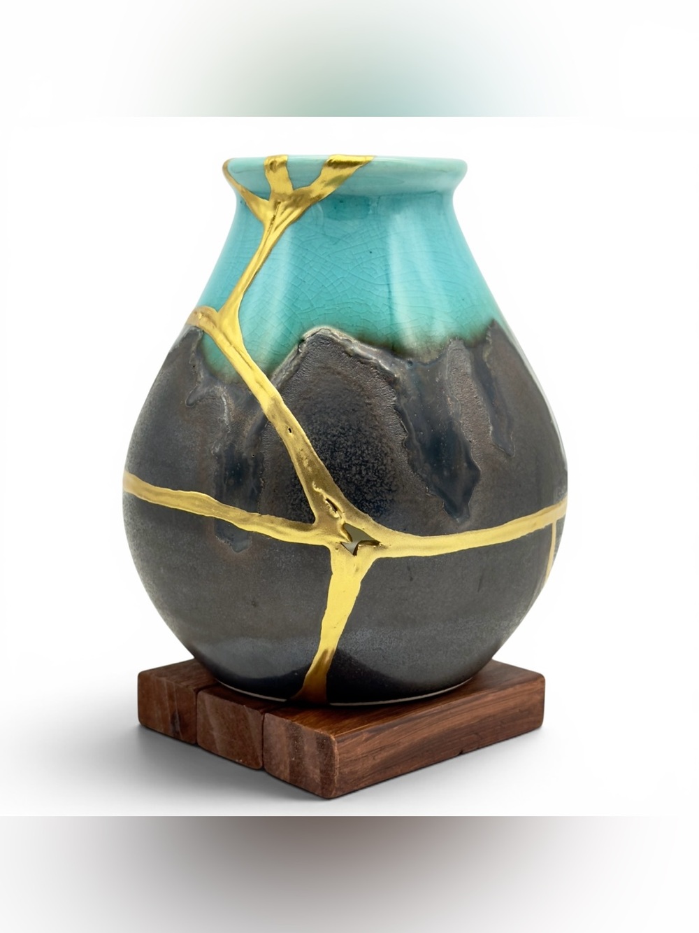 Kintsugi Vase Turquoise Drip Glaze Pottery Gold Crack Art Personal Growth Gift
